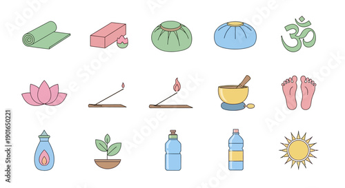 A Collection of Yoga and Meditation Elements in Colorful Cartoon Style Illustrations