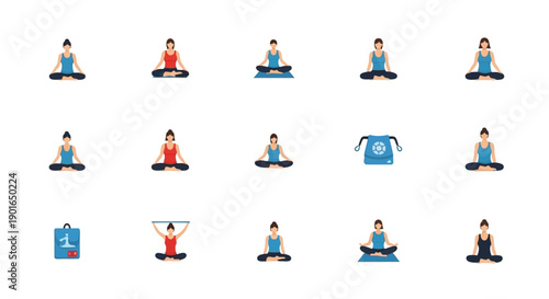 A Collection of Yoga Poses and Accessories Representing Physical Wellness and Exercise