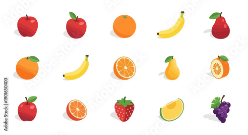 A vibrant assortment of various fruits displayed in a simplified, attractive flat design
