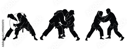 Silhouette illustration of martial arts techniques in sequence.
