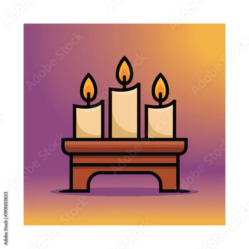 Three lit cream colored candles on a wooden stand light flame.