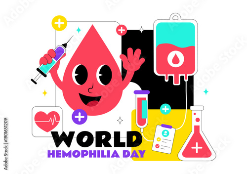 World Hemophilia Day Vector Illustration on April 17 Featuring Red Blood Drops and Global Map for Healthcare Awareness in Cartoon Style Design