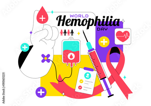 World Hemophilia Day Vector Illustration on April 17 Featuring Red Blood Drops and Global Map for Healthcare Awareness in Cartoon Style Design