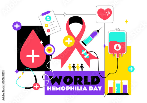 World Hemophilia Day Vector Illustration on April 17 Featuring Red Blood Drops and Global Map for Healthcare Awareness in Cartoon Style Design