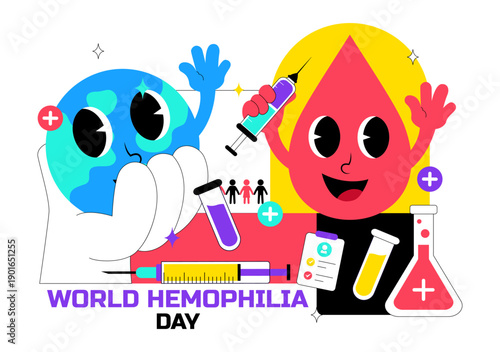 World Hemophilia Day Vector Illustration on April 17 Featuring Red Blood Drops and Global Map for Healthcare Awareness in Cartoon Style Design