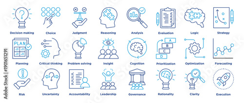 Decision making icon set featuring choice, judgment, analysis, evaluation, strategy, planning, critical thinking, problem solving, assessment. vector editable