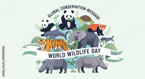 Illustration of various endangered animals gathered around a World Wildlife Day banner with a global conservation message on a light green background.