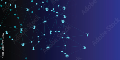 Abstract digital network of connected people icons in glowing blue and cyan on a dark blue gradient background, representing social media or global communication