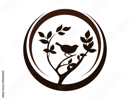 Bird perched on tree branch within circular frame with leaves surrounding it, incorporating elements of the United Kingdom Flag – Union Jack Background