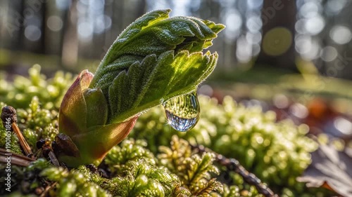 Wallpaper Mural New Green Sprout Emerging from Moss with Water Droplet Reflection. Torontodigital.ca