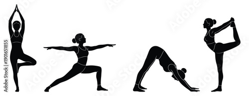 Silhouette of woman practicing various yoga poses.
