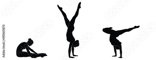 Silhouettes of a person performing yoga poses in a row.