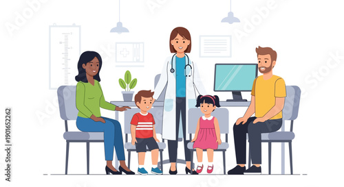 Family in doctor's office with pediatrician