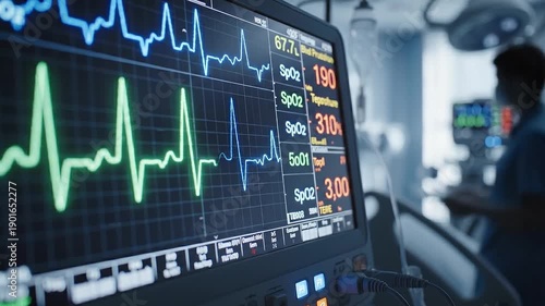 Close-up of a digital patient monitoring system displaying vital signs, modern hospital setting, realistic screen glow, smooth left-to-right pan camera movement, cinematic depth.