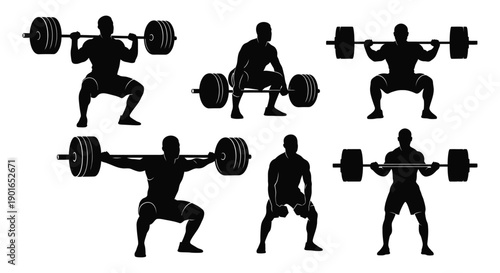 Silhouettes of men lifting weights in various exercises.