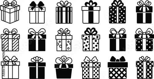 Black and White Gift Box Vector Icons, Outline Birthday Present Symbols, Christmas Surprise Packages with Ribbons