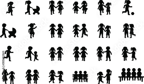 Black Children Silhouettes, Kids Playing and Walking, Childhood Activity Icons, Diverse Toddler Figures