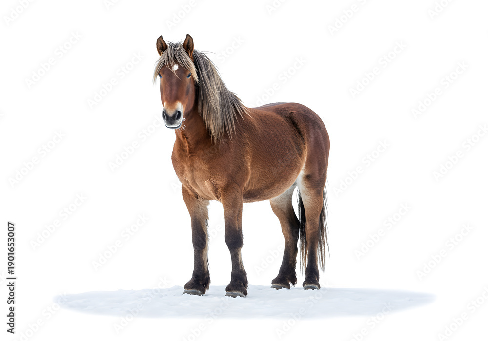 Obraz premium brown horse with long mane standing on white background, isolated equine, equestrian concept, animal portrait, studio shot, horse photography, brown coat, flowing mane