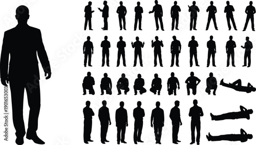 Business man silhouettes collection, black male figures standing walking and lying down, vector illustration isolated on white background.