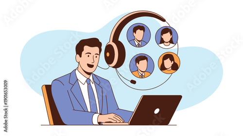 A smiling businessman in a blue suit is working on his laptop with a headset on, engaged in a virtual meeting with multiple people.