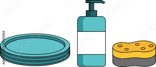 Cleaning Supplies with Glowing Effect Dish Soap, Plates, and Sponge Vector Illustration