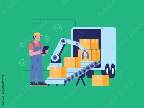 A warehouse worker oversees a robotic arm loading boxes into a truck for efficient logistics and shipping operations.