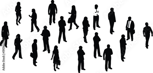 Business people silhouettes collection, isometric crowd of men and women standing and walking, corporate team vector illustration isolated on white.