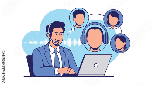 A man in a blue suit sitting at a desk with a laptop and headset, communicating with multiple people.