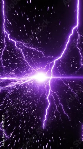 Vivid, electric depiction of purple lightning bolts, illuminating a dark, explosive energy burst