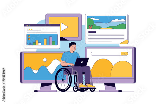 A man in a wheelchair works on his laptop surrounded by multiple computer monitors displaying various digital content.