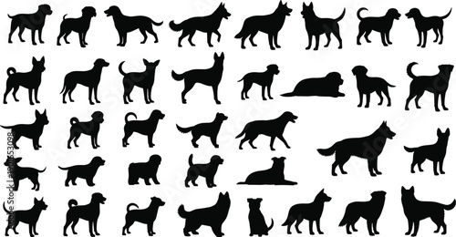 Dog silhouettes vector collection, black canine breeds standing and sitting, domestic pet animal shapes isolated on white background, puppy icons.
