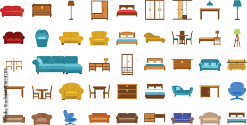 Modern Home Furniture Icons, Interior Design Elements, Sofa Bed Wardrobe Table Lamp Vector