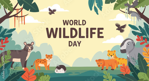 Illustration of various animals in a forest on World Wildlife Day with a colorful and vibrant style.
