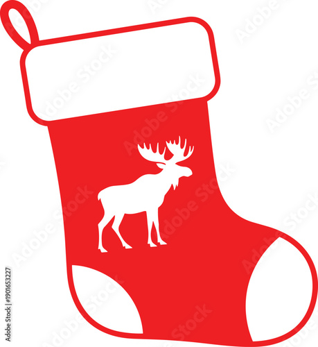 Red Christmas stocking with white moose silhouette, festive holiday decoration hanging
