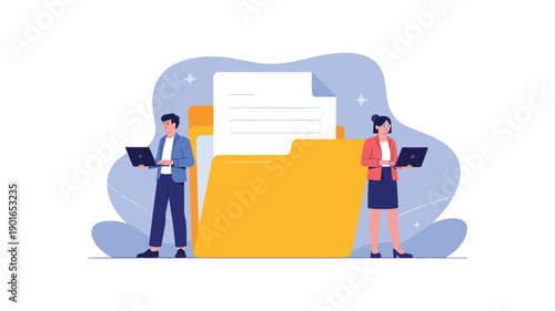 A businessman and woman standing with laptops in front of a large yellow file folder