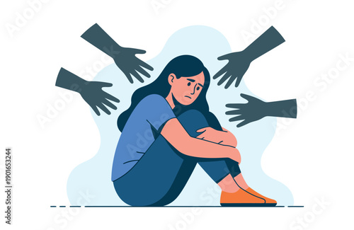 A woman sits on the ground feeling sad and surrounded by hands reaching out to her.