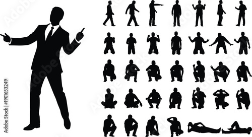 Silhouette of businessman pointing fingers, men in various poses like walking, sitting, standing, kneeling, crouching