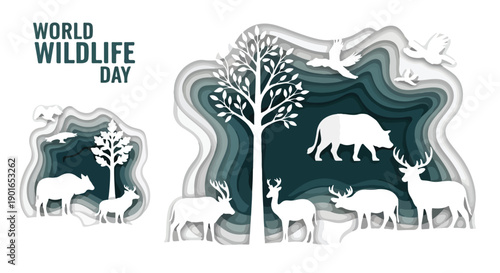 Illustration of various animals and trees on World Wildlife Day with a layered design and white, gray, and green color scheme.