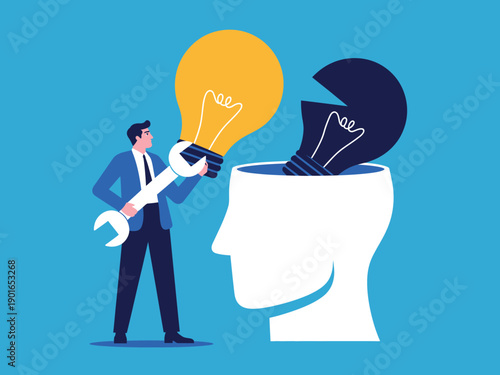 A businessman fixing a lightbulb in a person's head representing innovation and problem solving
