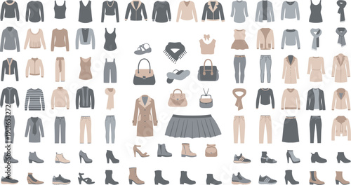 Women clothing collection in neutral colors, autumn winter fashion wardrobe with coats pants and shoes, vector illustration isolated.