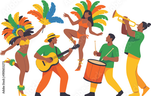 Brazilian Carnival Celebration Dancers and Musicians Vector Illustration