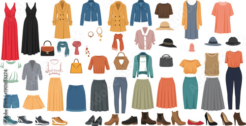 Women fashion clothing collection, stylish female autumn wardrobe, dress jacket and accessories, vector illustration isolated on white background, trendy apparel.