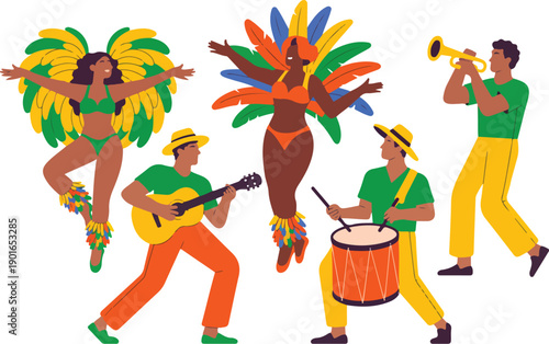 Brazilian Carnival Celebration Dancers and Musicians Vector Illustration