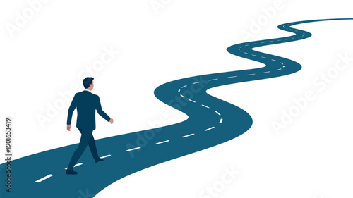 A businessman walking along a winding road towards an uncertain future