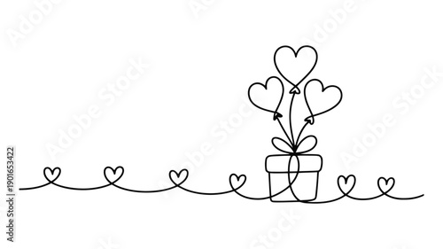 Black Line Gift Box with Three Floating Hearts and Loose Hearts Around line black and white hand drawn