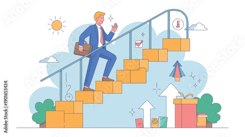 A businessman climbing a staircase of success with a briefcase and phone in hand, surrounded by symbols of growth and progress.