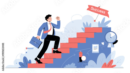 A determined businessman climbing a staircase to success with a briefcase in hand