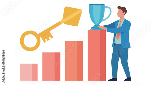 A businessman in a blue suit placing a trophy on top of a bar graph with a large key flying towards it, symbolizing success and achievement.