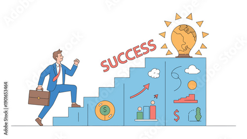 A businessman climbing the stairs to success with a briefcase and a determined look on his face