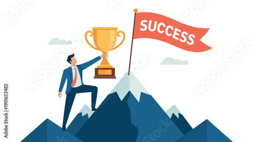 A businessman in a suit reaches the mountain peak and holds a trophy, symbolizing success and achievement.